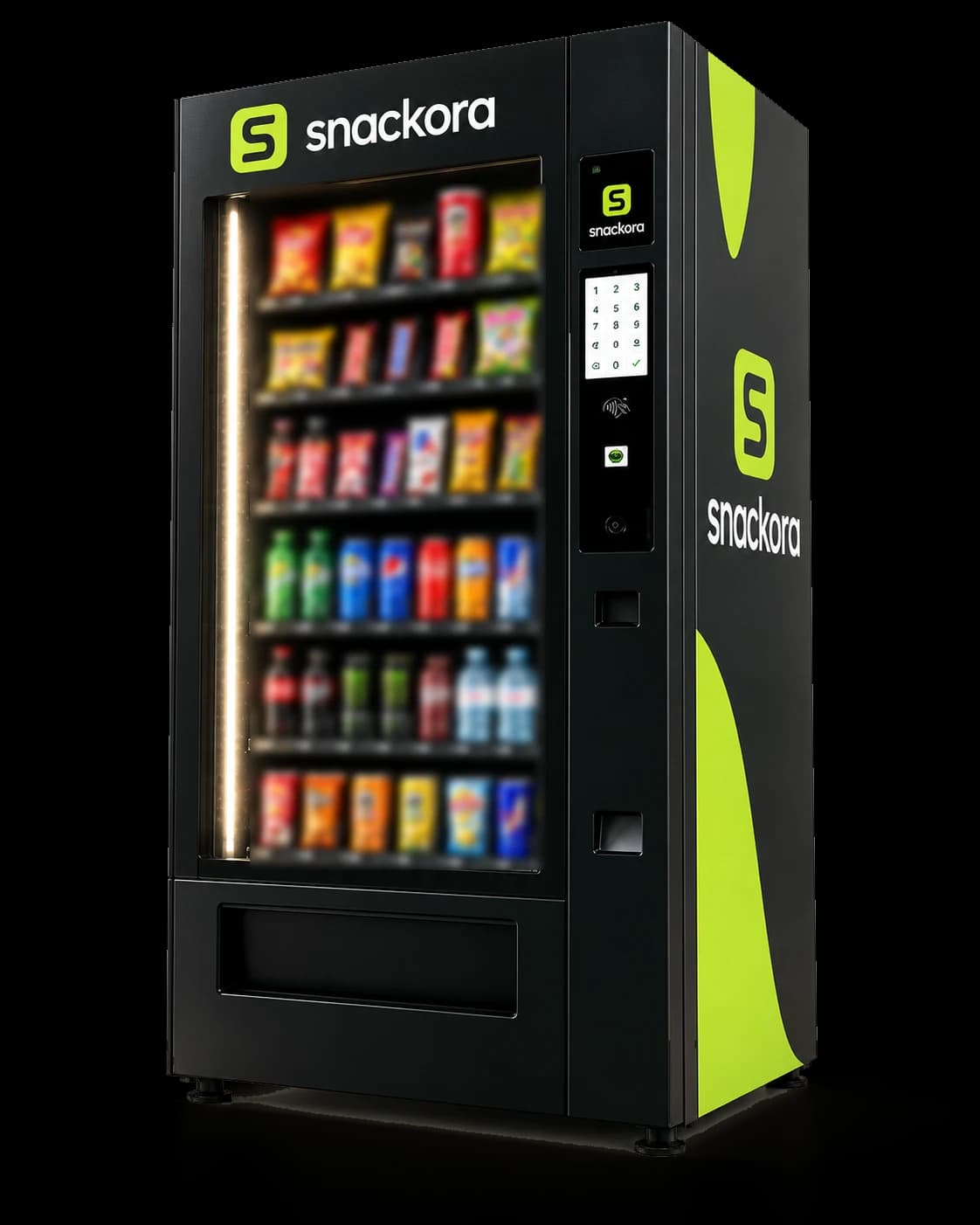 Designkonzept: Snackora-Automat in Schwarz mit limettengrüner Seitenfolierung und Snackora-Logo